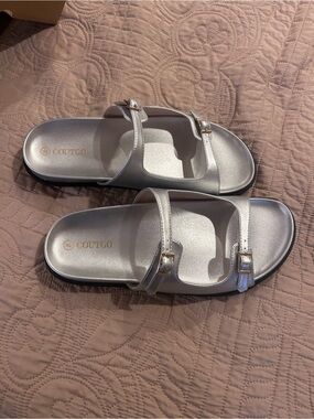 Womens COUTGO Silver Double-Buckle Slide Sandals